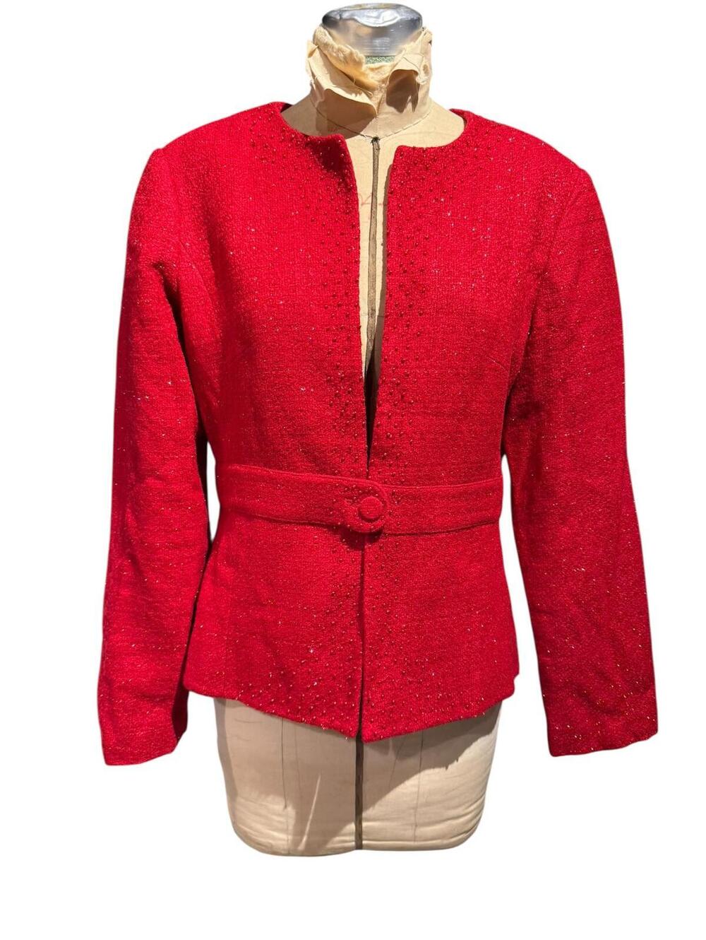 Adrianna Papell Red Tweed Long Sleeve Belted Jacket